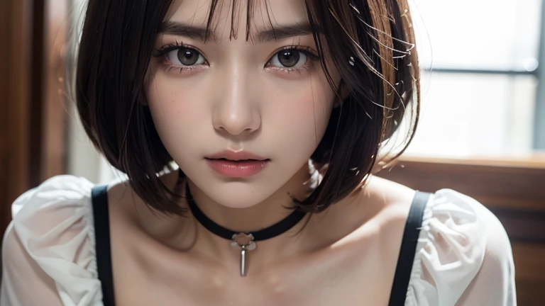 (bob cut hair:1.2),(wearing a choker, wearing a blouse:1.2),1 girl,Japanese,28 years old,(small breasts:1.3),(highest quality,masterpiece:1.3,超A high resolution,),(Super detailed,caustics),(Photoreal:1.4,RAW shooting,)ultra-realistic capture,very detailed,High resolution 16K human skin close-up。 natural skin texture、,The pores are、、、、Must be detailed enough to be easily identified。 Skin should look even-toned and healthy。 Use natural light and color, sad expression, look at the camera, perfect dynamic composition, church