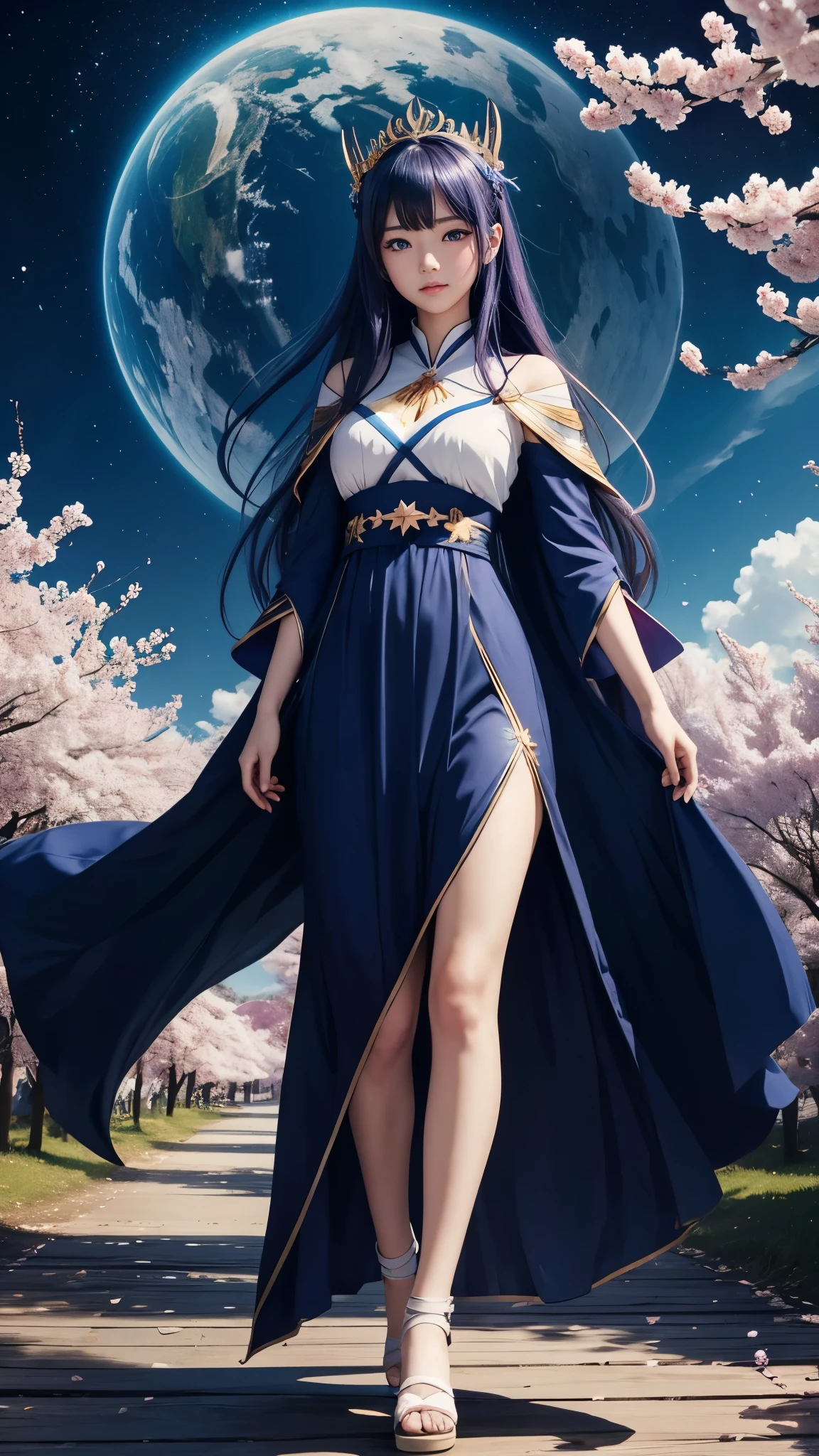 8K、Super high quality、anime、（A very beautiful female character with perfect eyes and nose）、（（Beautiful clear blue eyes））、Beautiful long hair、（（（full body depiction）））、Mysterious warm and shining space、（（six pointed star））、（（facing forward））、（（（I&#39;m looking here）））、Surround her with a beautiful cherry blossom blizzard and colorful forest、（（praying））、