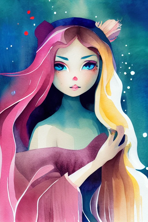 watercolor style, (girl) digital art, official art, blown by the wind, masterpiece, beautiful, slim body, ((watercolor)), paint splatter, intricate detail. Great detail, [dripping:0.7], Trending on Artstation, Rachel Walker,