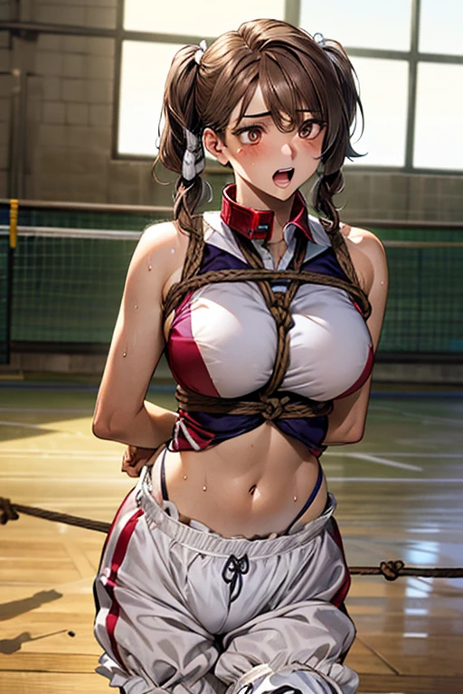 ((perfect anatomy, anatomically correct, super dense skin)), (Crotch rope walk:1.0), 1 girl, Day本語, , volleyball player, shiny skin, Take in the scenery,
beautiful hair, beautiful face, detailed and beautiful eyes, brown eyes, (short hair:1.4, twin tails:1.7), baby face, mole under eye,
beautiful clavicle, beautiful body, beautiful breasts, beautiful thighs, beautiful feet, big breasts:0.5, seductive thighs, camel toe, bare arms, bare hands, bottomless, break,
((symmetricalfabricmetal)), (((bloomers:1.3), (crop top:1.1), sleeveless volleyball uniform)), (animal collar),
((brown rope)), shibari:1.5, (Shibari over clothes), ((turn your arms behind your back:1.4, ) Crotch rope), chest bondage, arm shackles,
((embarrassing, open your mouth, sweaty)), Are standing, walk,
(beautiful scenery), evening, Day, ((volleyball gymnasium, volleyball court)),
(8K, highest quality, masterpiece:1.2, very detailed), (realistic:1.2), beautiful illustrations, cinematic lighting,