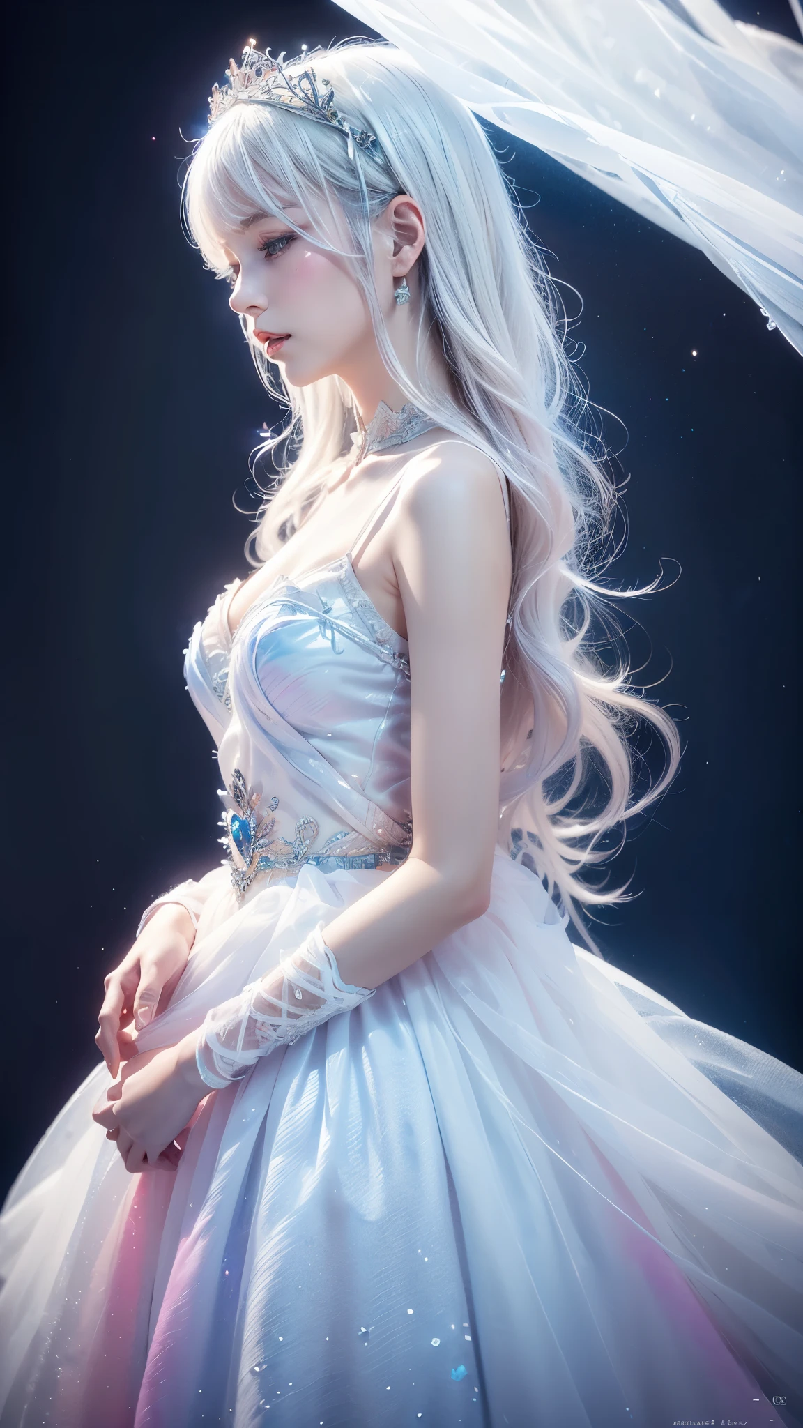 1 girl, solo, (watercolor texture), soft color, illustration anime, waved long hair, white armor, ice theme, tiara made of ice, white hair, ice palace, ic34rmor, simple black background, ice crystals, rainbow ice   