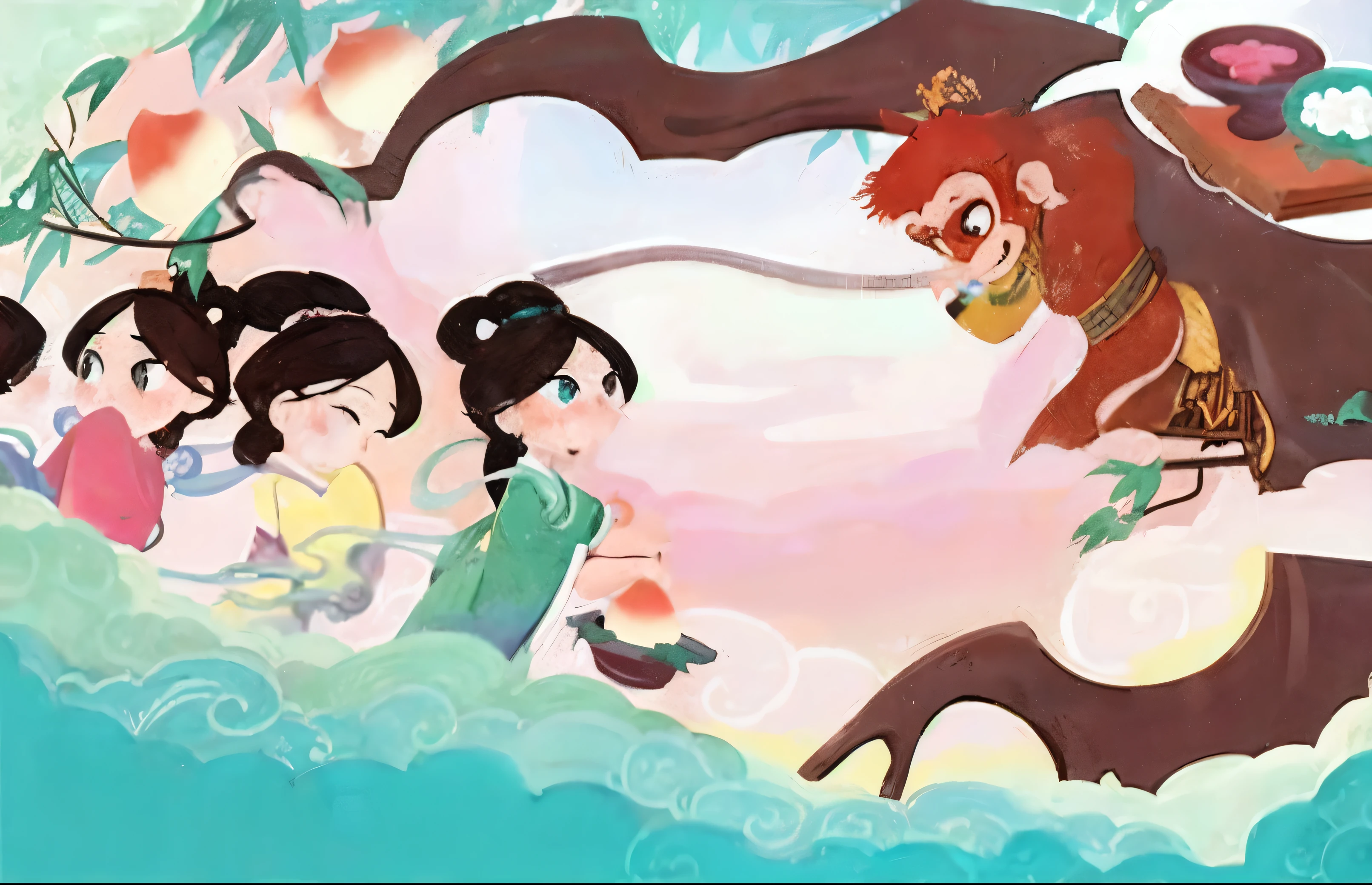 disney's Mulan princesses are flying in the sky, making art, Chinese fantasy, Storybook illustration, Mulan, illustration", disney concept art, By Helen Wong, Storybook illustration, disney art style, Fairy tale illustrations, Storybook illustration, Chinese mythology, author:unbelievable, fairy tale illustration, author:Ni Duan, by Qu Leilei, by Mei Qing