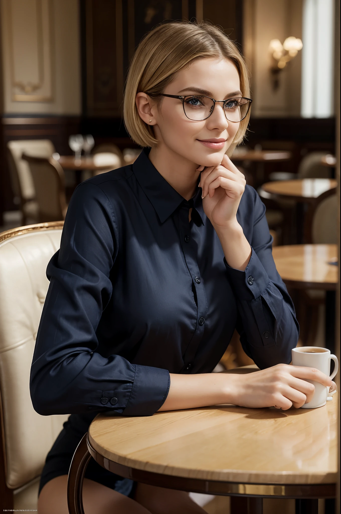 masterpiece, best quality, extremely detailed, hyperrealistic, photorealistic, a beautiful 20s french model, in luxurious cafe, sitting at table with a coffee cup:1.2, navy shirt:1.2, ultra detailed face, super short hair, blonde hair, pale skin, busty breasts, smiling, glasses, perfect hands, perfect fingers
