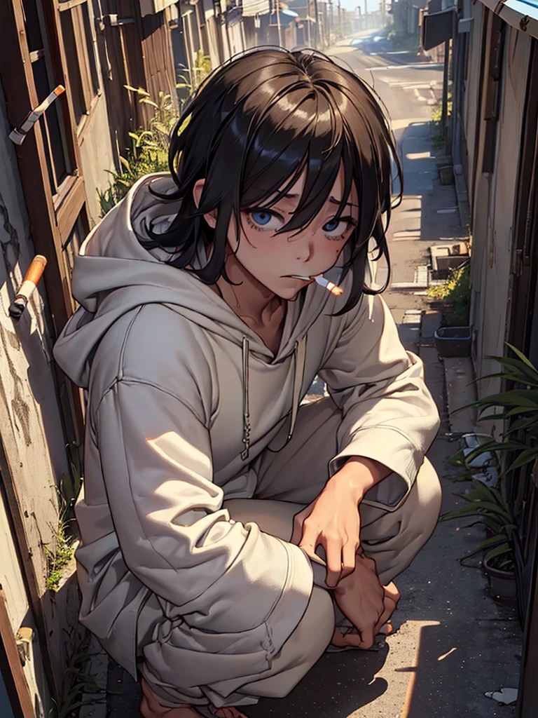 (masterpiece、top-quality、hight resolution、Unity 8k、extremely details CG:1,Best Picture)、(((from above、pov、Smoking cigarettes)))、 ((skinny、hoodie、Dirty clothes、Shaggy hair、intimidate、sleeves rolled up、squatting))、Night、nsfw、Cheap tattoos、dimly lit, alleyway