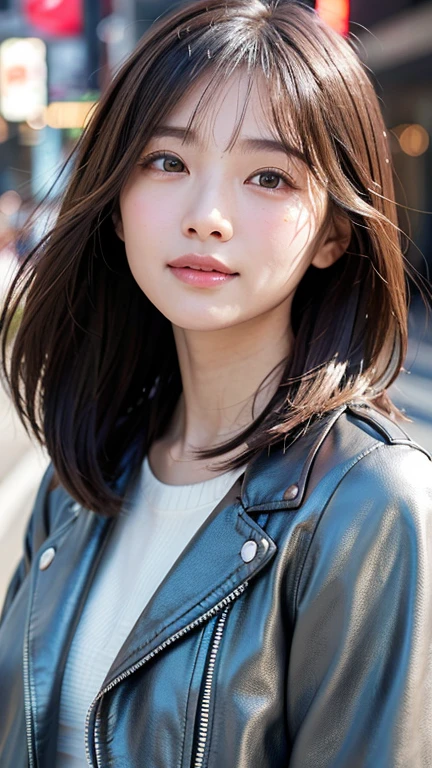 (((Shoulder-length straight brown hair mini bob)))、(((目が細くlight eye makeup)))、(((standing alone on the rider'Leather jacket with the backdrop of a nighttime Kabukicho alley.)))、(((Please come wearing clothes that cover your arms.)))、Half Japanese and Korean、18 year old girl、independent、facing forward、light eye makeup、brown hair color、flat 、hair blowing in the wind、quality of actress、shiny, super realistic face、smileの表情、Moist eyes、look up、Calming lighting effects、 ultra-realistic capture、very detailed、High resolution 16K close-up of human skin。Skin texture must be natural、Must be so detailed that pores are visible、skin is healthy、Must be an even tone、Use natural light and color、High quality photos taken by a modeling agency'Exclusive photographer、smile
