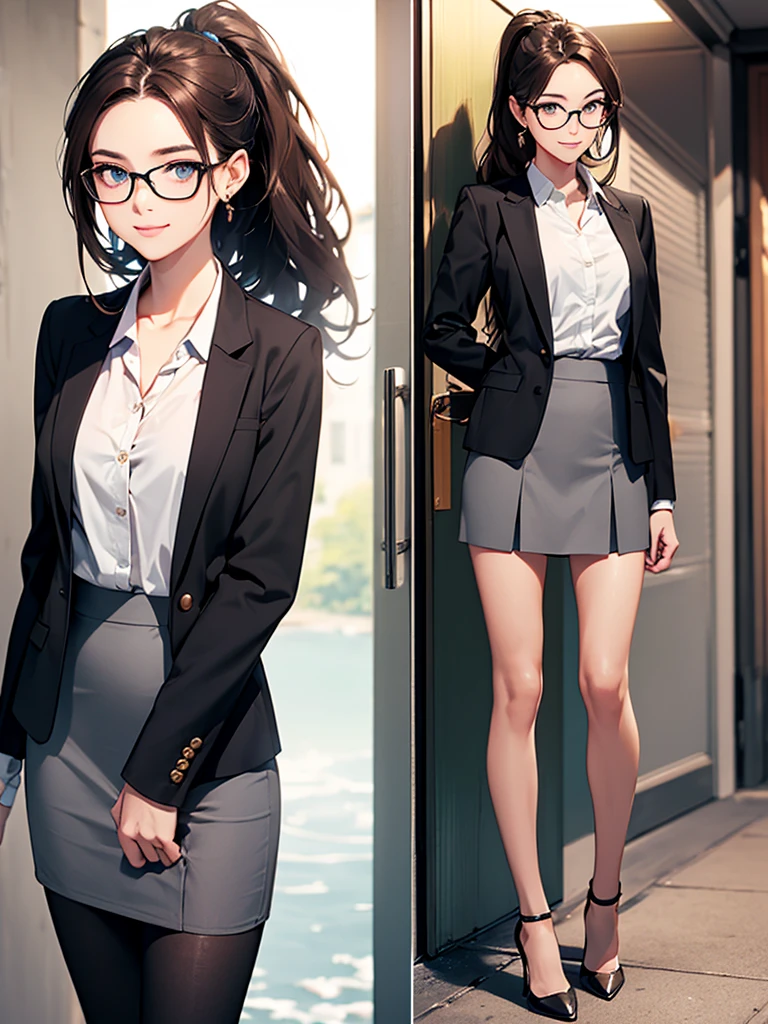 (masterpiece:1.2, top quality), (actual, photoactual:1.4), Beautiful illustration, (natural side lighting, movie lighting), National Science Foundation, looking at the audience, Cowboy shooting, Front view:0.6, 1 girl, Japanese, teacher, perfect face, cute symmetrical face, shiny skin, (long hair:1.2, ponytail:1.2, forehead, side lock, brown hair), blue eyes, Eyelash extension tool, (Big breasts:0.8), beautiful hair, pretty face, Beautiful and delicate eyes, Beautiful collarbone, Beautiful body, Beautiful, beautiful thighs, beautiful legs, beautiful fingers, ((Detailed cloth texture, (Dark grey suit jacket), white collar shirt, Dark grey tight skirt, High heel), Traveler's glasses), (Beautiful scenery), night, riverside, permanent, There is a binding file, (beautiful, Smile, Upper eyes),