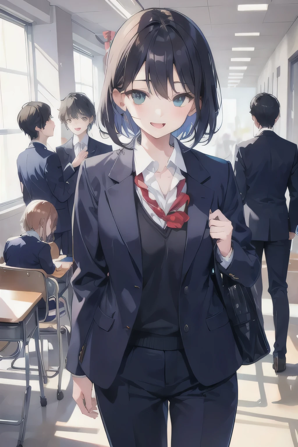 4 boys and 3 girls,school,school suit,happy
