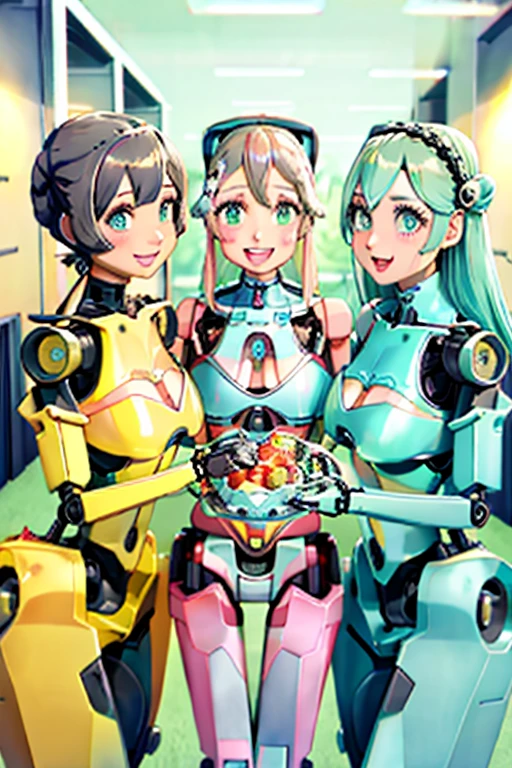 Three Gold Lightans, robot, Everyone has a different body shape and height, All beautiful and cute human girl faces,
 (highest quality, masterpiece, Raw photo,full body shot, group selfie), Everyone is showing off their bodies,
 Everyone smiling