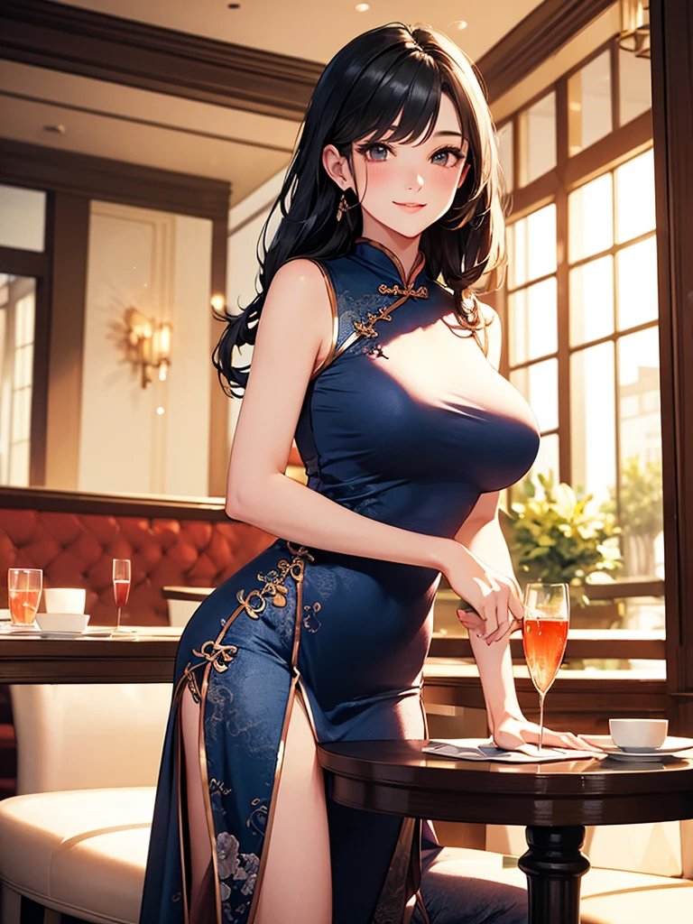 1 lady only, (Go slowly), (Dark blue cheongsam) fashionable, adult, /(black hair/) Bangs, blushing smile, (Masterpiece best quality:1.2) Exquisite illustrations and super detailed, large breasts rest (holding a fan) rest (High-end restaurant corridor) indoors, /(large water tank/), Detailed background