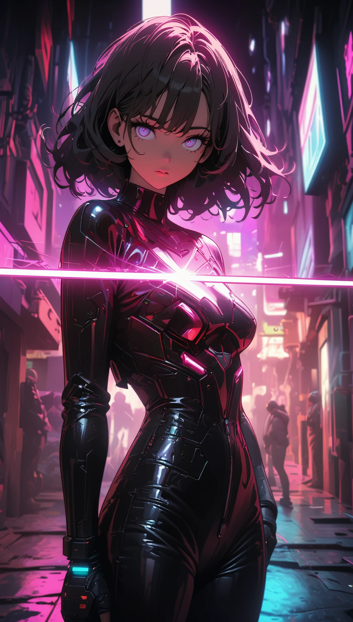 
cyberpunk style，Tight leather girl，Wields a mechanical laser sword，Beautiful，Glowing special effects，celluloid style，Flat coating，HD，CG art，comics，8K，looking into camera，high quality，illustration，Vaporwave style，rim light，movie lighting，Super detailed，complex，OC renderer，cinematic perspective，high resolution
