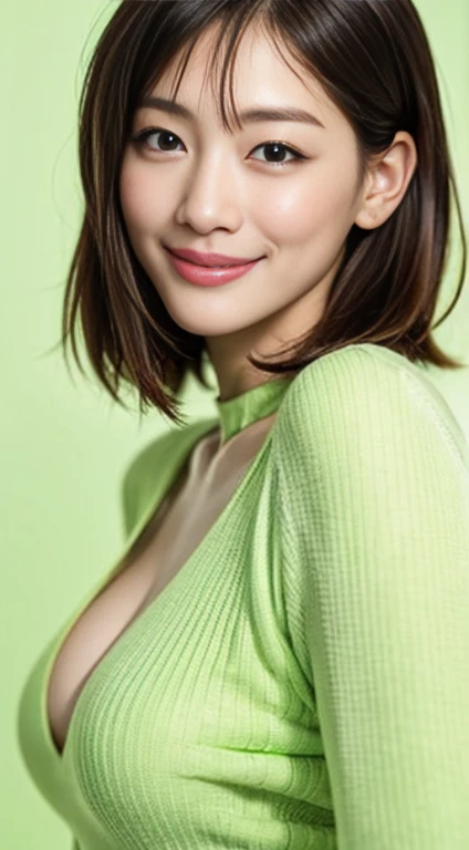 (sfw:1.8、masterpiece, highest quality),1 girl, alone, have, realistic, realistic, looking at the viewer, Light brown eyes, Brunette short bob hair with highly detailed shiny hair, short hair:1.6、Beautiful face in symmetry、Winter clothes, Whity, lips, bangs, outdoor, closed mouth, Upper body、Big eyes、eyelash、((very simple light green background:1.8))、(((bangsのあるshort hair、Big eyes、big and full chest、look at the audience、beautiful beauty、show me your ears、long neck、smile、please close your mouth and smile)))、ideal body proportions、{Huge|big|huge|mega} chest, cleavage:2、happy smile