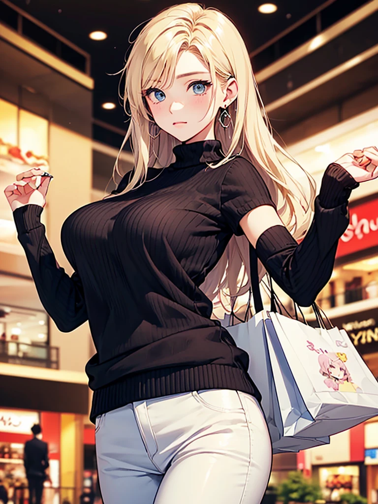 top quality、Top image quality、​Masterpiece、girl with((18 years old、best bust、big bast,beautiful blue eyes、Breasts wide open, a blonde、A slender one,Oyama Valley、Black Sweater、white pants、Spread your arms to the sides、ruby earrings)）high quality、beautiful art、background with((Large shopping malls、Visual arts、depth of field、Shoujo manga style