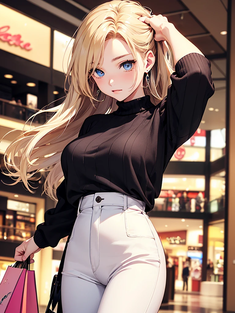 top quality、Top image quality、​Masterpiece、girl with((18 years old、best bust、big bast,beautiful blue eyes、Breasts wide open, a blonde、A slender one,Oyama Valley、Black Sweater、white pants、Spread your arms to the sides、ruby earrings)）high quality、beautiful art、background with((Large shopping malls、Visual arts、depth of field、Shoujo manga style