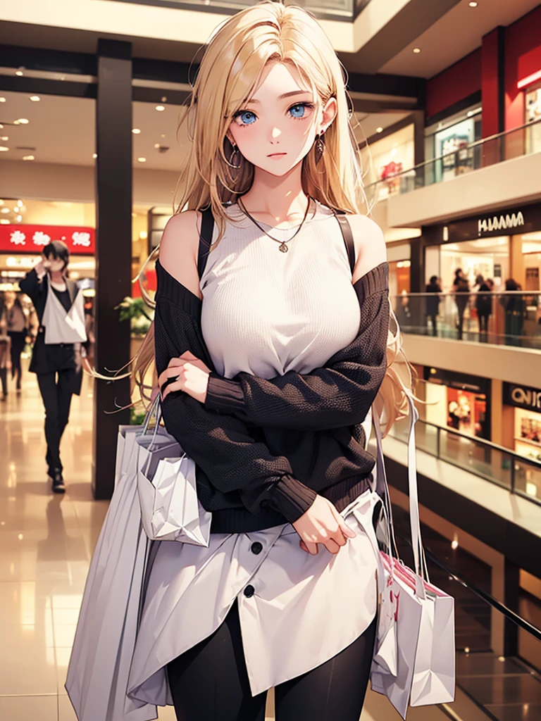 top quality、Top image quality、Masterpiece、girl with((18 years old、best bust、big bast,beautiful blue eyes、Breasts wide open, a blonde、A slender one,Oyama Valley、Black Sweater、white pants、Spread your arms to the sides、ruby earrings))high quality、beautiful art、background with((Large shopping malls、Visual arts、depth of field、Shoujo manga style