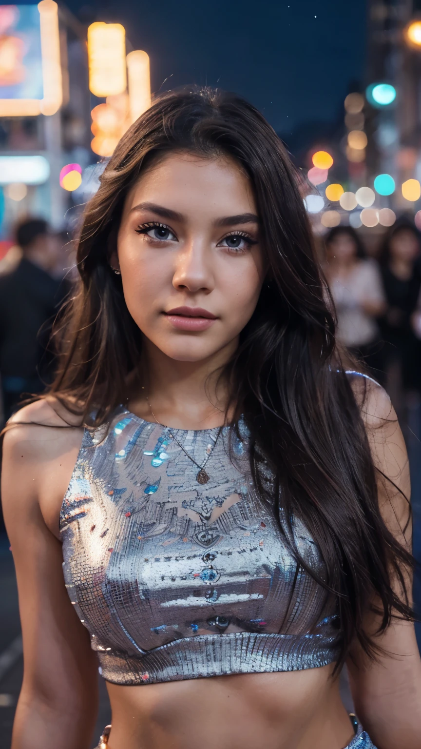 best quality,ultra-detailed,realistic,Olivia Rodrigo,portrait,beautiful detailed eyes,beautiful detailed lips,extremely detailed face,longeyelashes,young singer,emotional expression,colorful background,vivid colors,street scene,nighttime lighting,sparkling city lights,bokeh,modern fashion style,confident pose,dynamic movement,summertime vibe