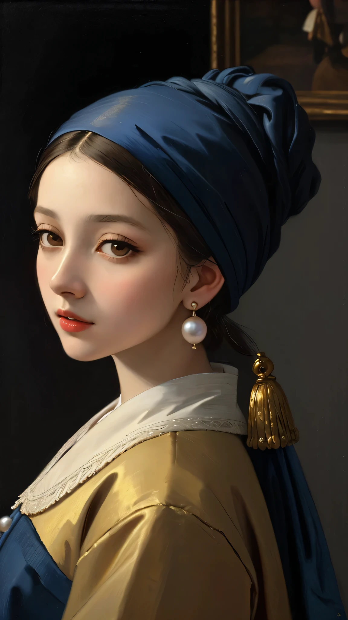 A Girl with a Pearl Earring,(best quality,4K,8K,high resolution,masterpiece:1.2),Super detailed,(actual,photoactual,photo-actual:1.37),Moderate: painting,Style inspired by Vermeer and Caravaggio,,Pearl earrings,illumination,Works of Johannes Vermeer:1.1,Beautiful and delicate eyes,beautiful detailed lips,extremely detailed eyes and face,long eyelashes,girl with a Pearl earrings,Pearl earrings,illumination,Vermeer's paintings. This tip is designed to produce high-quality artwork in the style of Johannes Vermeer and Caravaggio,Similar to a girl wearing Pearl earrings. The artwork will be an Super detailed painting with a actual and photoactual appearance. The lighting in the painting will be inspired by the works of Vermeer, Delicate details that emphasize the girl’s eyes, lips, and face, including long eyelashes. The composition will be influenced by the unique style of Johannes Vermeer, Create captivating and visually appealing artwork.