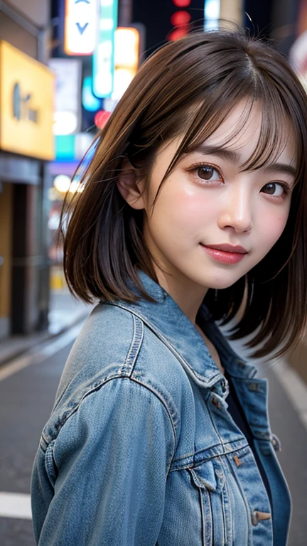 (((Shoulder-length straight brown hair mini bob)))、(((目が細くlight eye makeup)))、(((standing alone on the rider&#39;Jacket with the backdrop of the alleys of Kabukicho at night.)))、(((Please come wearing clothes that cover your arms.)))、Half Japanese and Korean、18 year old girl、independent、facing forward、light eye makeup、brown hair color、flat 、hair blowing in the wind、quality of actress、shiny, super realistic face、smileの表情、Moist eyes、look up、Calming lighting effects、 ultra-realistic capture、very detailed、High resolution 16K close-up of human skin。Skin texture must be natural、Must be so detailed that pores are visible、skin is healthy、Must be an even tone、Use natural light and color、High quality photos taken by a modeling agency&#39;Exclusive photographer、smile
