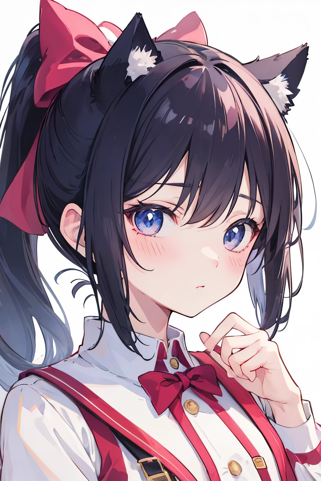 Anime girl with bow tie posing for photo, Animation drawn by Shinei, pixiv, serial art, cute anime face, Soft anime illustration, kawaii realistic portrait, , Anime visual of a cute girl, Cute and natural anime face, Very cute anime girl face, Smooth anime CG art, Portrait anime girl, Detailed anime soft face,,school background,girl,ponytail,Cat ear、blush, Acting cute、Slight side face,White uniform、Pink and white bag,Small breasts,