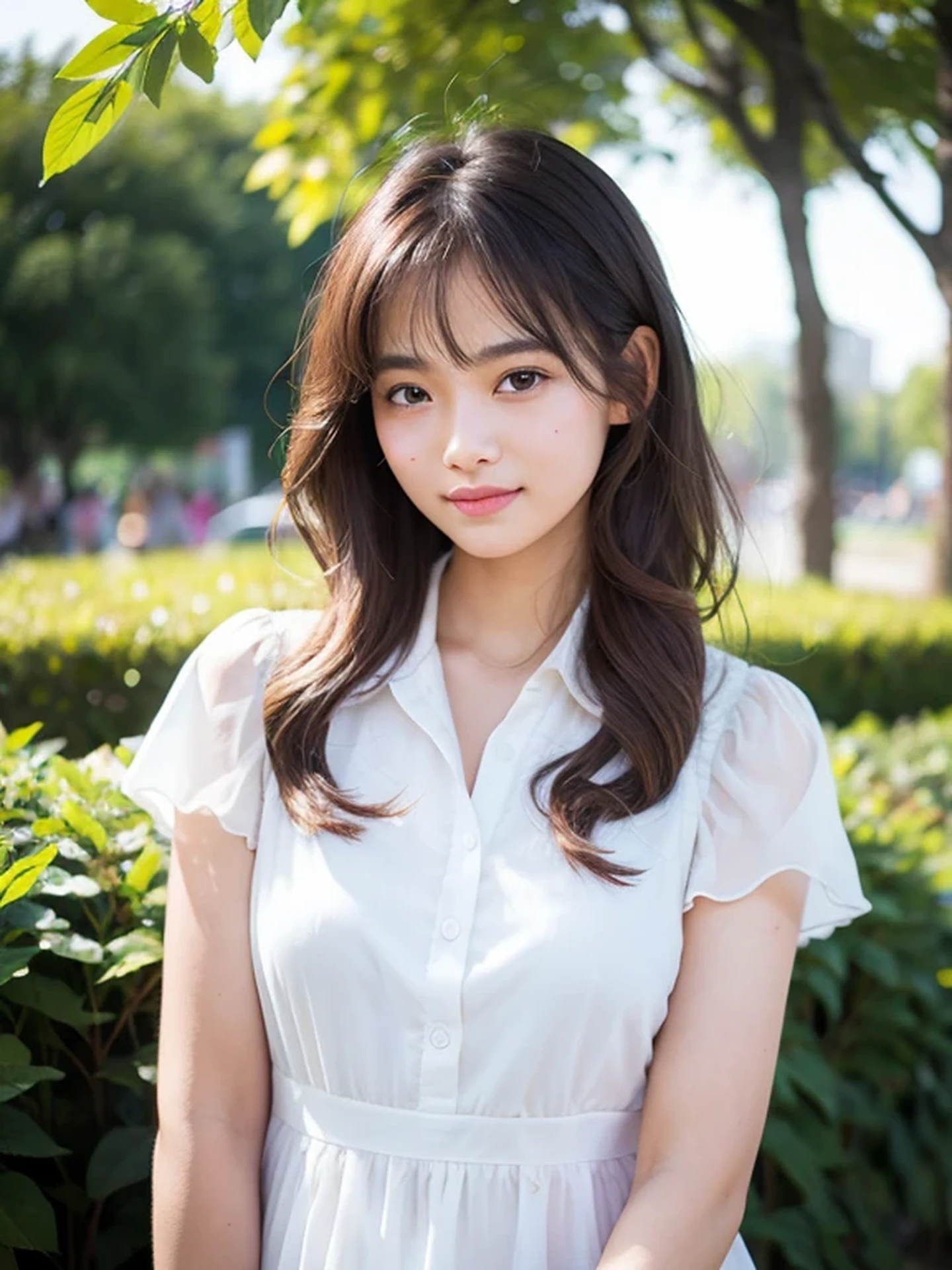 masterpiece, Best Quality, Raw photo, 8K, ultra-detailed face, 1girl, Beautiful detailed skin, backlight, soft light, bashful, (shoot from front:1.2), smile, Luminescent, Anatomically correct, Medium hair swaying in the wind, Eyes and faces with detailed, Textured skin, Professional Photography, Bokeh, Portrait, Professional Lighting, Solo, Cute, Girly, Film grain, silk dress shirt, flower garden