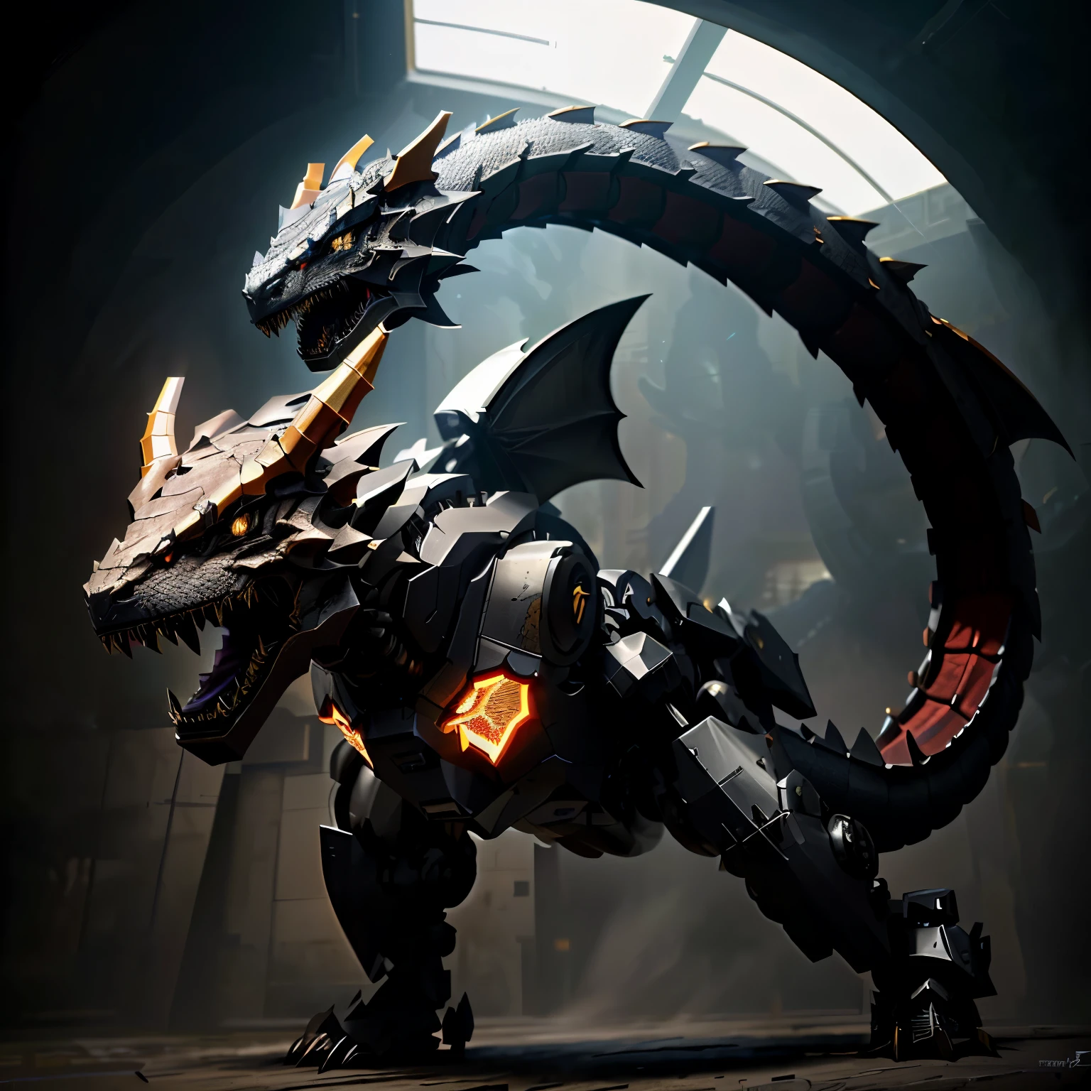 There was a dragon standing in a dark room., Dragon made from machine parts, with robot dragon head, A heavily armored mech dragon., Female dragon head mecha robot, Giant Kaiju Dragon Monster, robot dragon head, Four-handed dragon robot, death wings, sharp robot dragon claw, Trending on Polycount, robot dragon claw