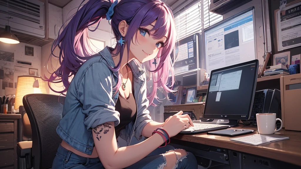 最high quality、Best image quality、masterpiece、girl((20 years old、 by becoming、vest bust、medium bust,Big chest tea、shining eyes, neon hair、long hair、thin,highest valley、ponytail、Distressed denim shorts、Black crop top shirt、Distressed denim jacket、Smile、Full body tattoos,Diamond earrings、wristband、necklace、sit on the chair、Have a guitar、Guitar Playing、Leaning forward、elated)),high quality、beautiful art、background((Hacker Room、Server room、neon lights、Bracket、notebook))、flight、debris flying、writing border depth、Movie、visual art、Perfect art、8K,real、