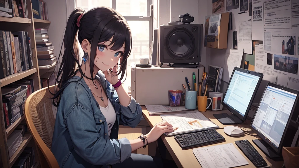 最high quality、Best image quality、masterpiece、girl((20 years old、 by becoming、vest bust、medium bust,Big chest tea、shining eyes, neon hair、long hair、thin,highest valley、ponytail、Distressed denim shorts、Black crop top shirt、Distressed denim jacket、Smile、Full body tattoos,Diamond earrings、wristband、necklace、sit on the chair、Have a guitar、Guitar Playing、Leaning forward、elated)),high quality、beautiful art、background((Hacker Room、Server room、neon lights、Bracket、notebook))、flight、debris flying、writing border depth、Movie、visual art、Perfect art、8K,real、