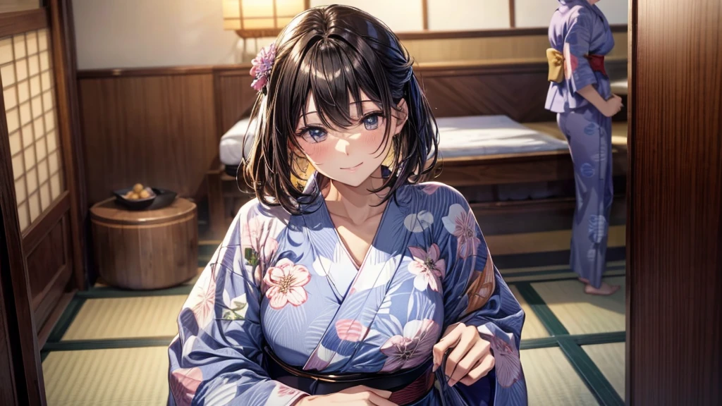 1 beautiful woman, seductive sexy, Alluring plumpness:1.3, Brunette, Straight-haired, pupils sparking, long upper eyelashes, (wearing yukata in hotel:1.5), Japanese-style rooms at the hotel, futon, seductive smile, light blush, ear blush, seductive expression, sexy tease, high quality chothing, beautiful and delicate chothing, super detail face, high detail and delicate eyes, ((accurate limbs)), ((correct finger)), (super textured skin), high quality background, award winning, masterpiece, anatomically correct, retina, highres, UHD, 16k, 8k