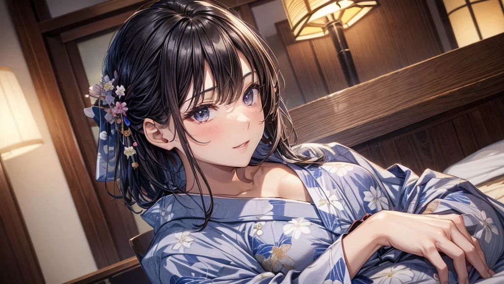 1 beautiful woman, seductive sexy, Alluring plumpness:1.3, Brunette, Straight-haired, pupils sparking, long upper eyelashes, (wearing yukata in hotel:1.5), Japanese-style rooms at the hotel, futon, seductive smile, light blush, ear blush, seductive expression, sexy tease, high quality chothing, beautiful and delicate chothing, super detail face, high detail and delicate eyes, ((accurate limbs)), ((correct finger)), (super textured skin), high quality background, award winning, masterpiece, anatomically correct, retina, highres, UHD, 16k, 8k