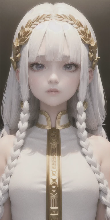 best quality, masterpiece,white hair, gold eyes,white clothes, looking up, upper body,hair strand,Fair skin,side braids