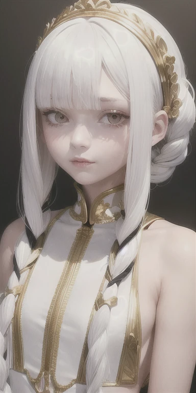 best quality, masterpiece,white hair, gold eyes,white clothes, looking up, upper body,hair strand,Fair skin,side braids