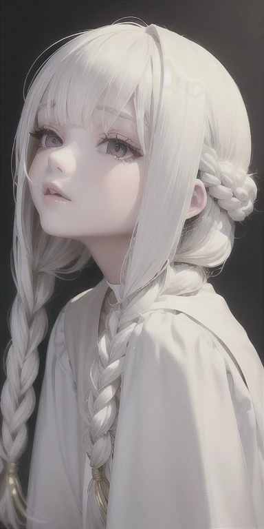 best quality, masterpiece,white hair, gold eyes,white clothes, looking up, upper body,hair strand,Fair skin,side braids