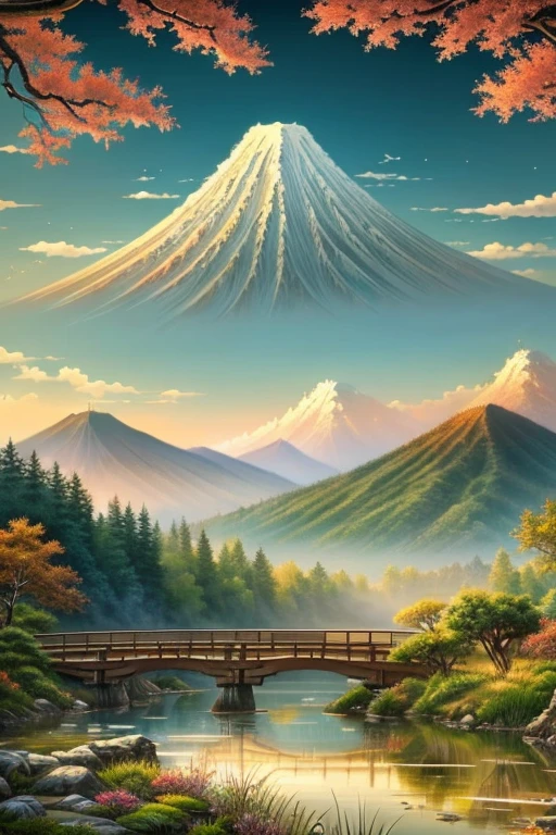 Ancient Japan paintings, Ancient Japanese Background, Mountain, river, auspicious cloud, pavilion, sun, masterpiece, Super detailed, magnificent composition, Ancient Ronin Samurai painting inspired by Musashi Miamoto Ultra HD design, high quality, very detailed, official art, Unified wallpaper 8k, Super detailed, 32k -- v6