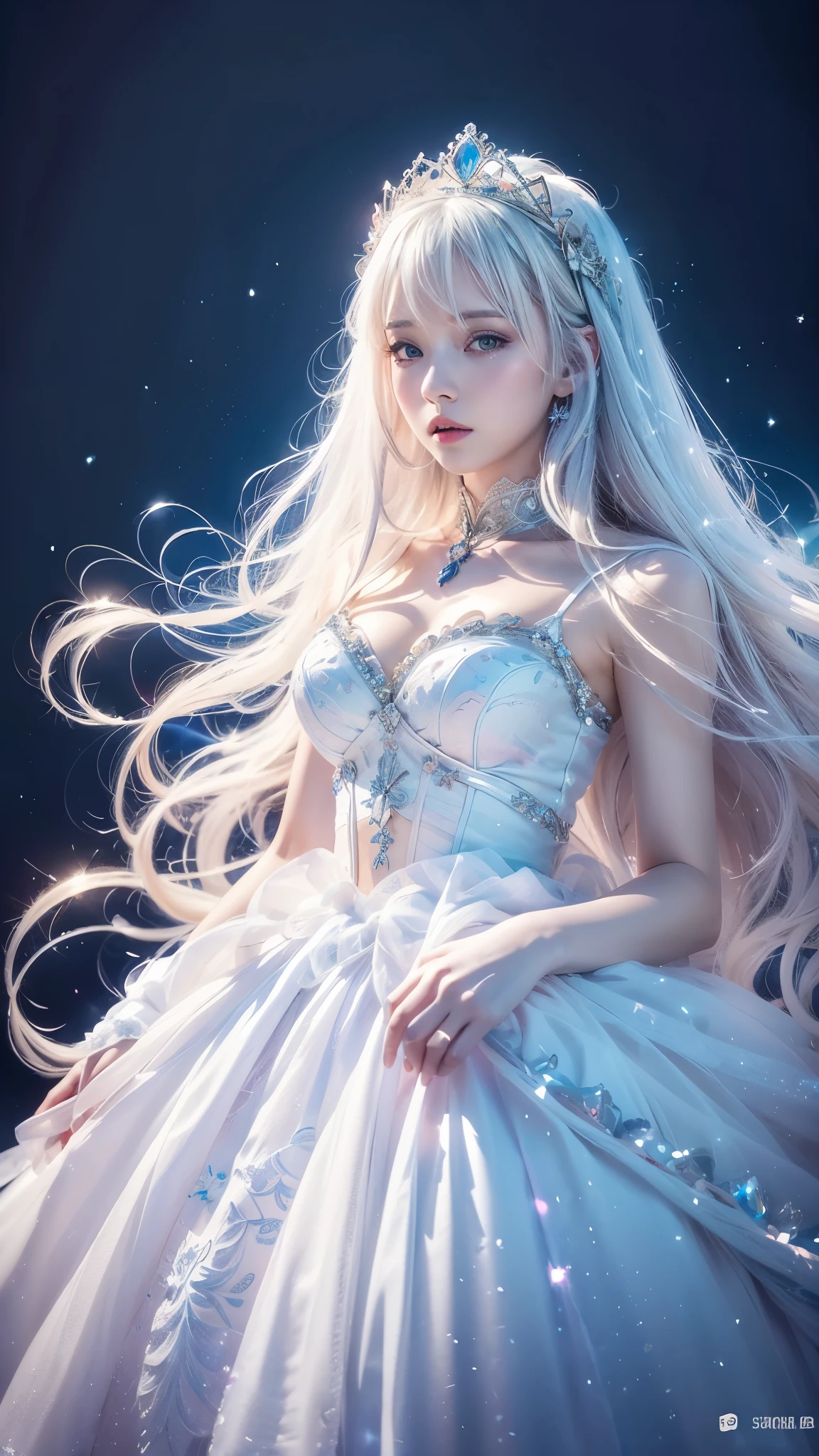 1 girl, solo, (watercolor texture), soft color, illustration anime, waved long hair, white armor, ice theme, tiara made of ice, white hair, ice palace, ic34rmor, simple black background, ice crystals, rainbow ice