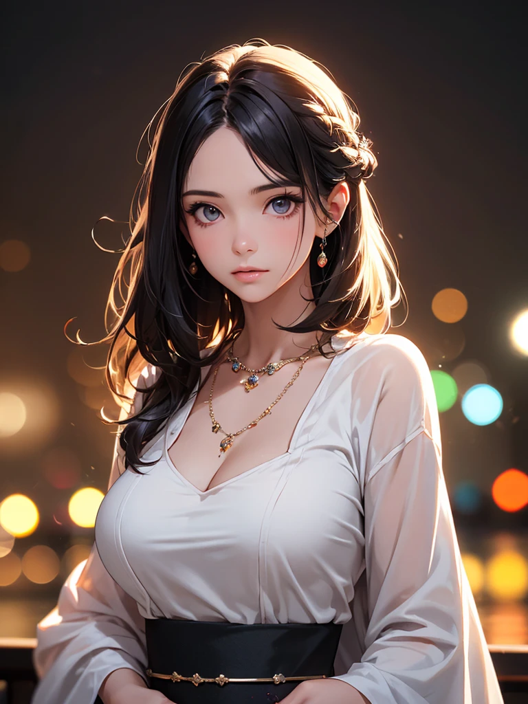 best quality, masterpiece, High resolution, a girl, Hanfu, necklace, jewelry, pretty face, big breasts, more than_Body, Tyndall effect, lifelike, dark studio, edge lighting, two-tone lighting, (HD skin: 1.2), 8K Ultra HD, SLR camera, soft light, high quality, Volumetric lighting, frank, photography, High resolution, 4K, 8K, Bokeh,