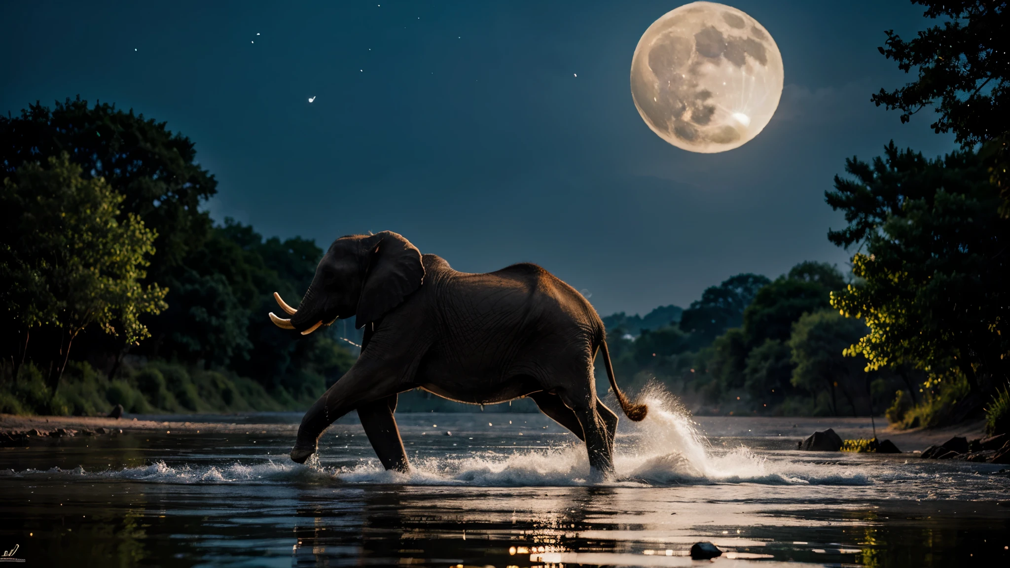 An elephant throwing water from his trunk in bright moon light UHD