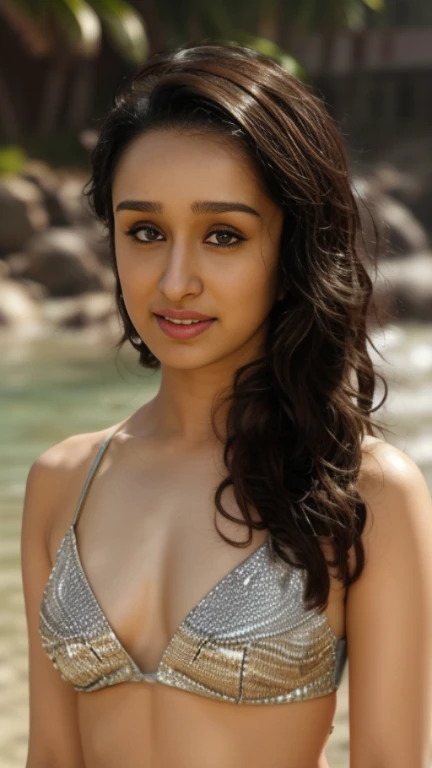 a portrait photo of a ((35_year_old woman)),resembling shraddha kapoor, shraddha kapoor body light smile, looking at viewer,((skp)) ,bikini,average fleshy body, big cheeks, adult face, milfy body, ((normal  size)),((ultrarealistic)), straight pose, body facing viewer