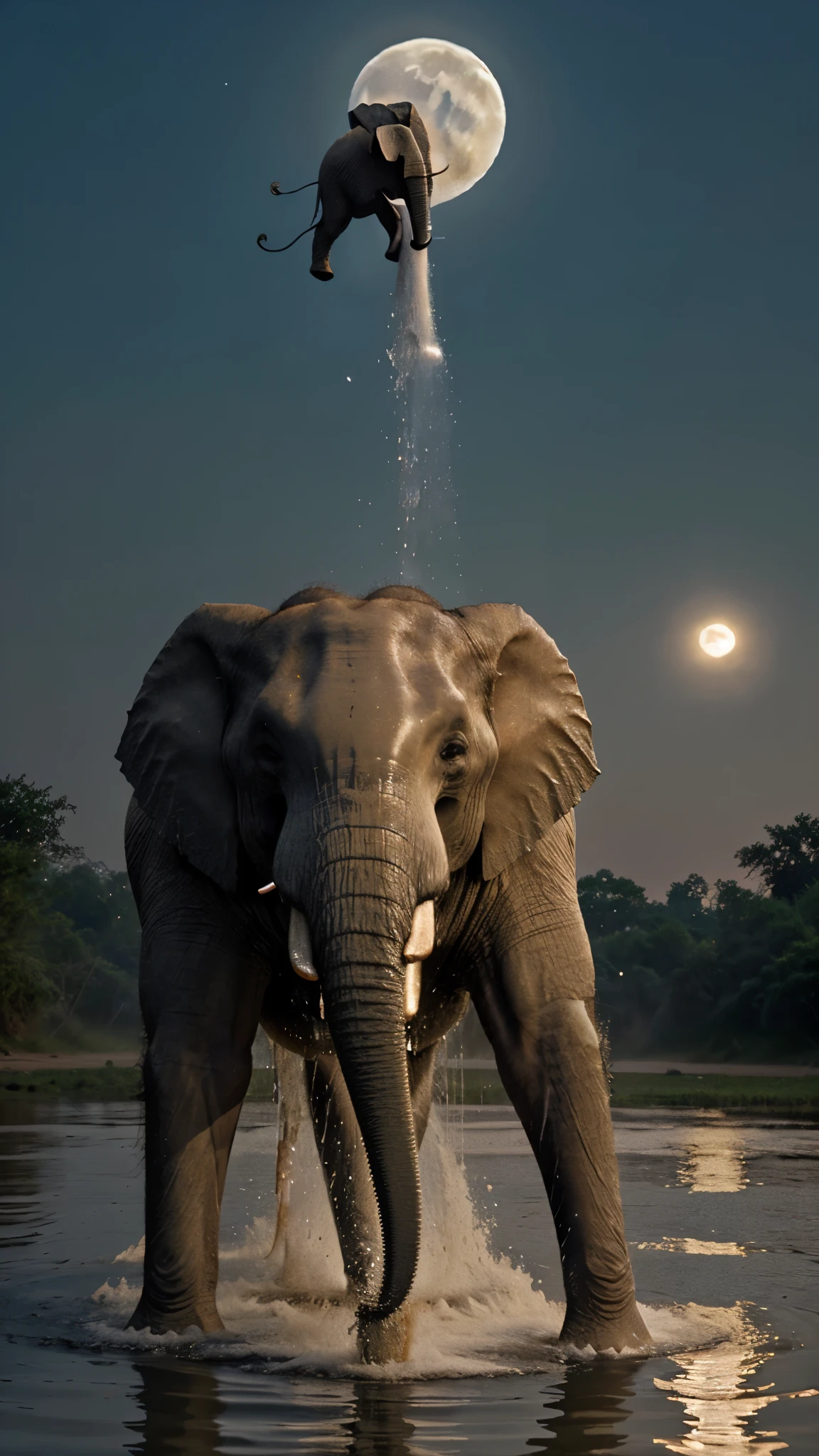 Elephant throwing water from his trunk in bright moon light UHD