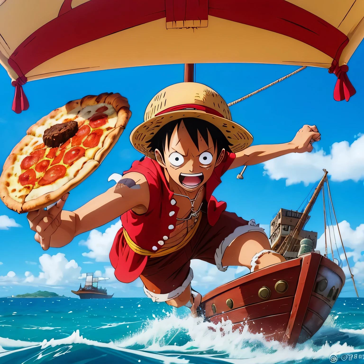 Create an image of Luffy, the protagonist from One Piece, delivering pizza in a dynamic and adventurous style using SeaArt AI. Incorporate elements like his straw hat, the Thousand Sunny ship, and perhaps some sea creatures or pirates in the background to capture the essence of the One Piece world.