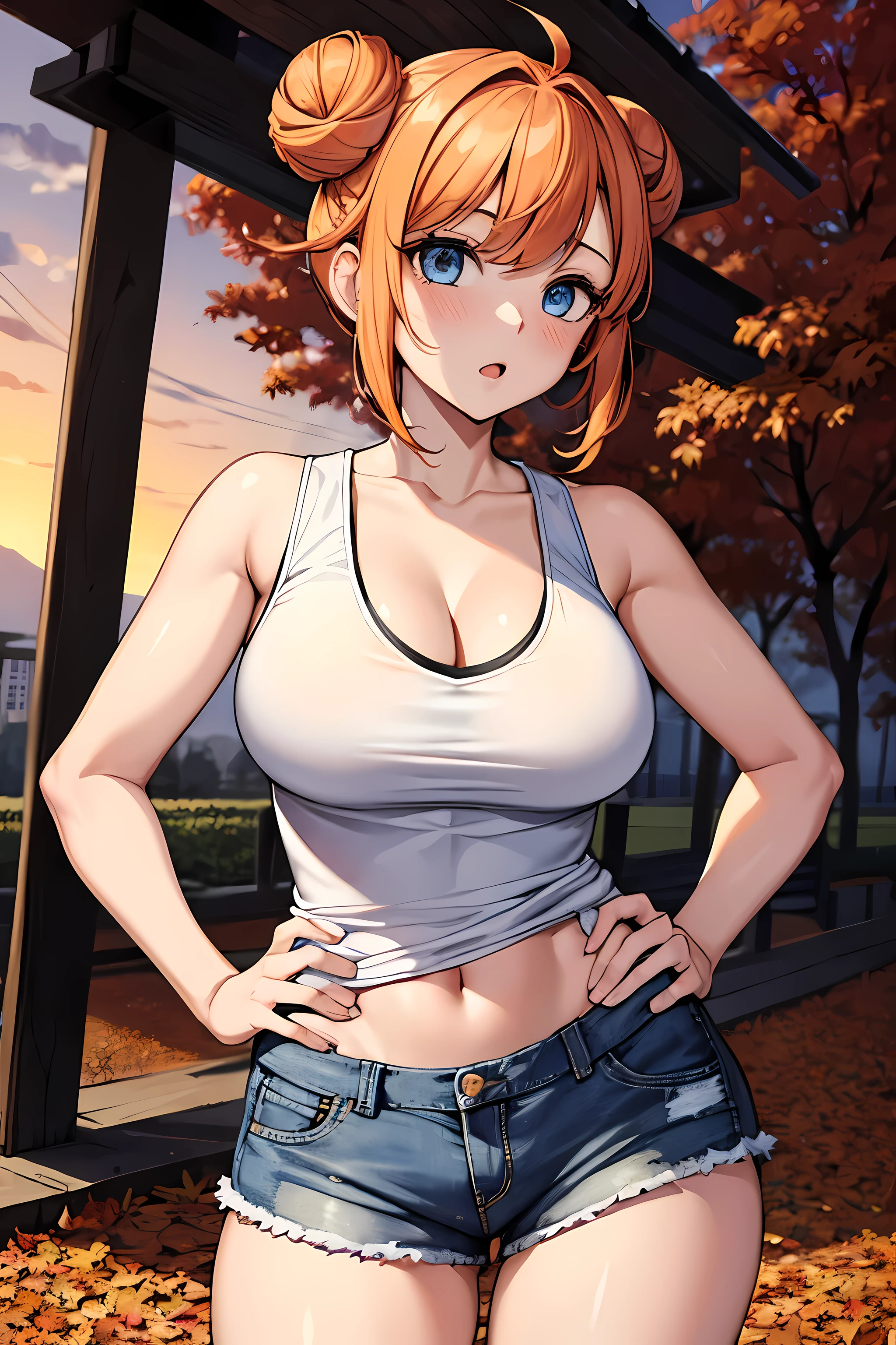 (masterpiece), best quality, expressive eyes, perfect face, 1girl, solo, tomboy, mature female, big breasts, short hair, Cleavage, orange hair BREAK hair buns, double buns, white tank top BREAK shorts, :o, looking at viewer, standing, blue eyes BREAK (autumn forest, falling leaves), sunset, orange sky, hands on hips