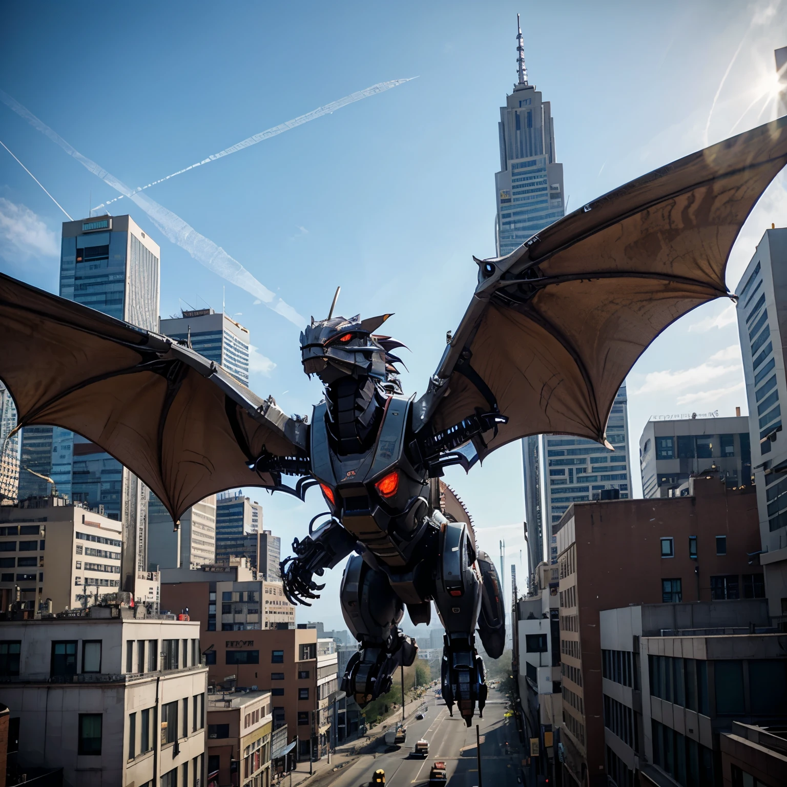Dragon robot in city and wings don't human