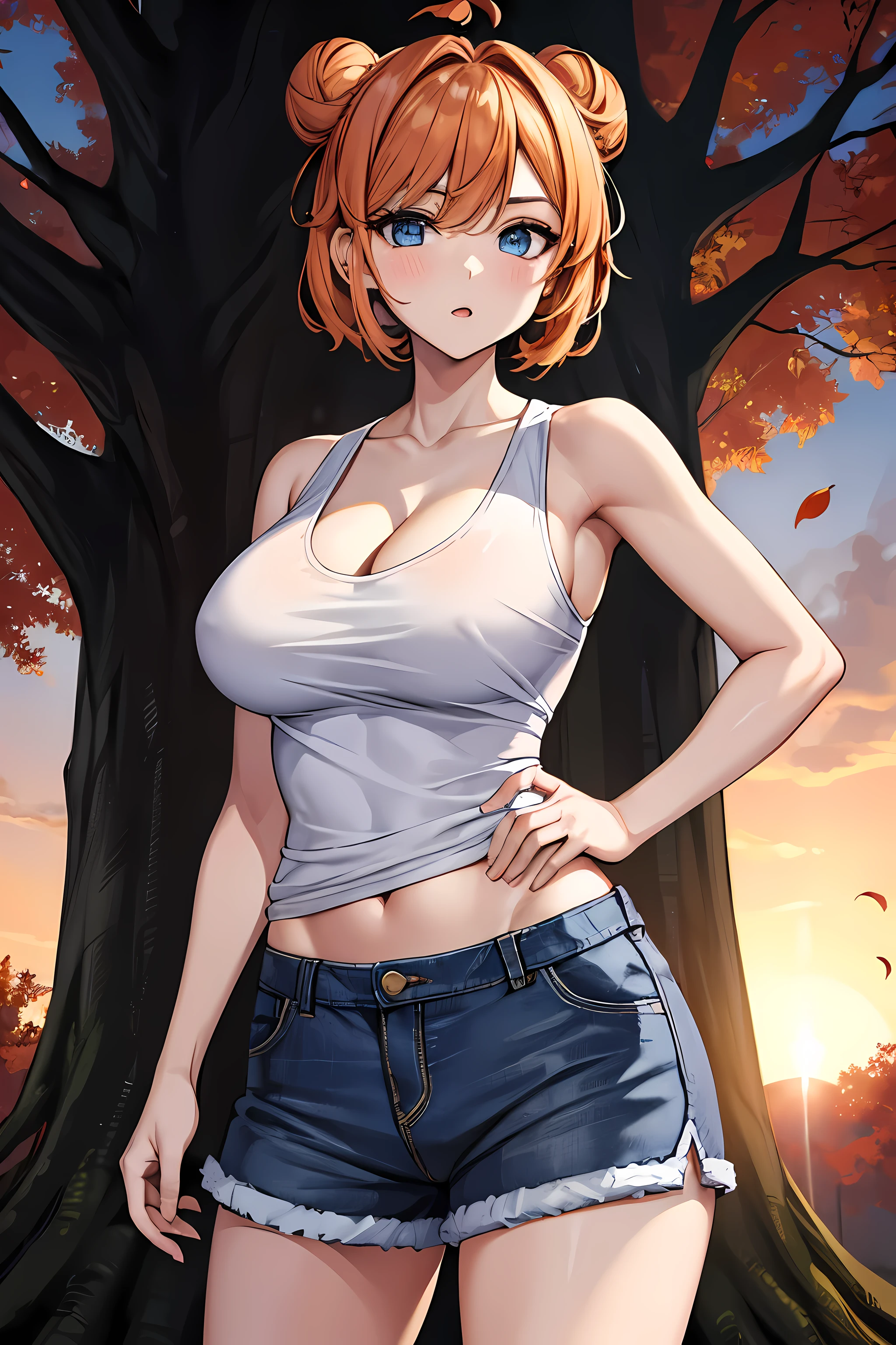 (masterpiece), best quality, expressive eyes, perfect face, 1girl, solo, tomboy, mature female, big breasts, short hair, Cleavage, orange hair BREAK hair buns, double buns, white tank top BREAK shorts, :o, looking at viewer, standing, blue eyes BREAK (autumn forest, falling leaves), sunset, orange sky, hands on hips