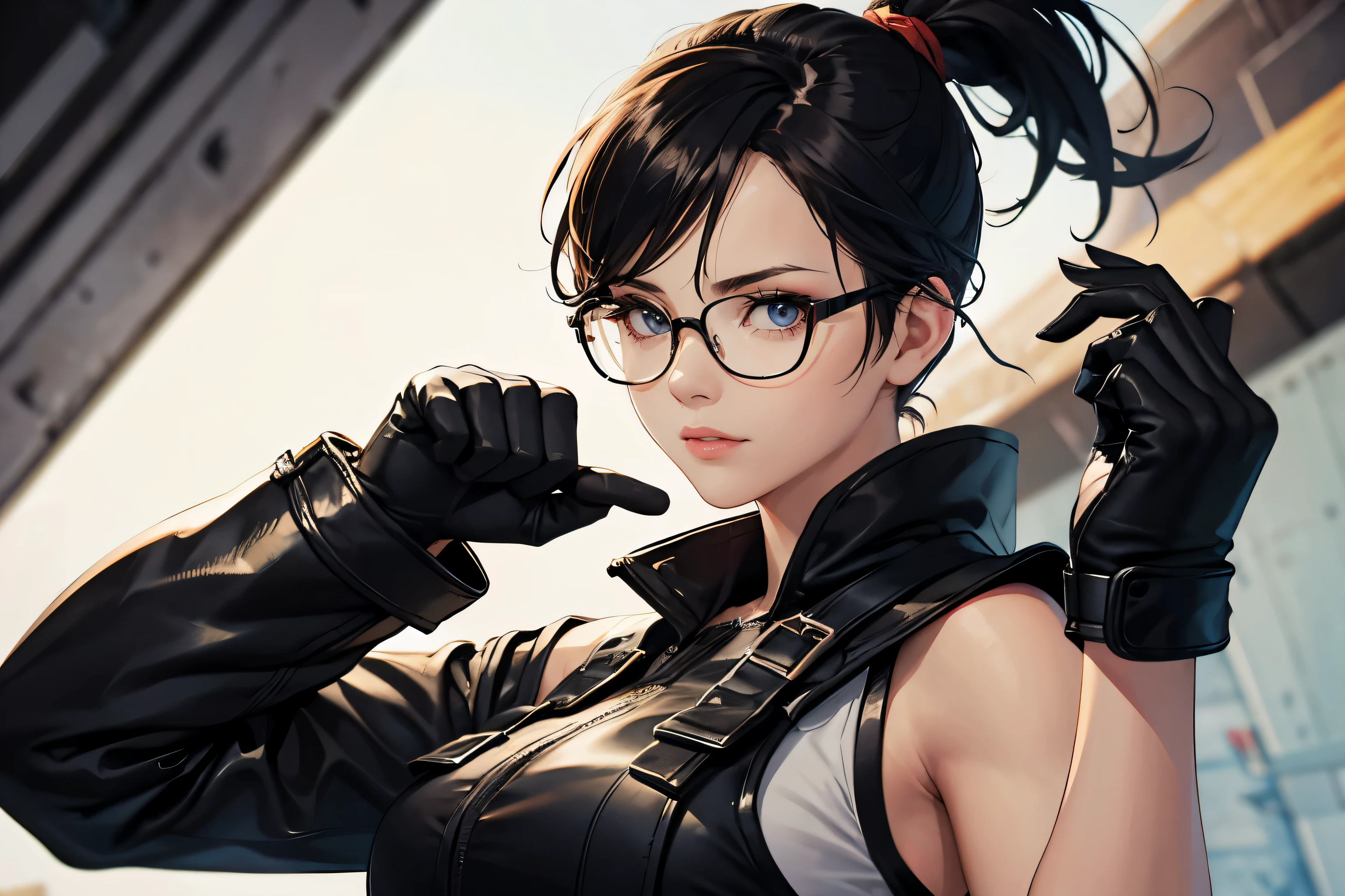 Wide angle, beautiful female fighter, wearing large glasses, black undercut hair, large steel knuckles