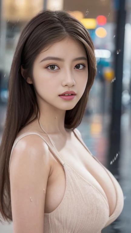 ((best quality、8K、master masterpiece:1.3))、sharp、:1.2、perfect body beauty:1.4、slim abs:1.2、((layered hairstyles、huge boobs:1.2))、tight dress、(rain、street、:1.2)、Wet:1.5、Highly detailed face and skin texture、detailed eye、double eyelid、Looking at the camera、blonde