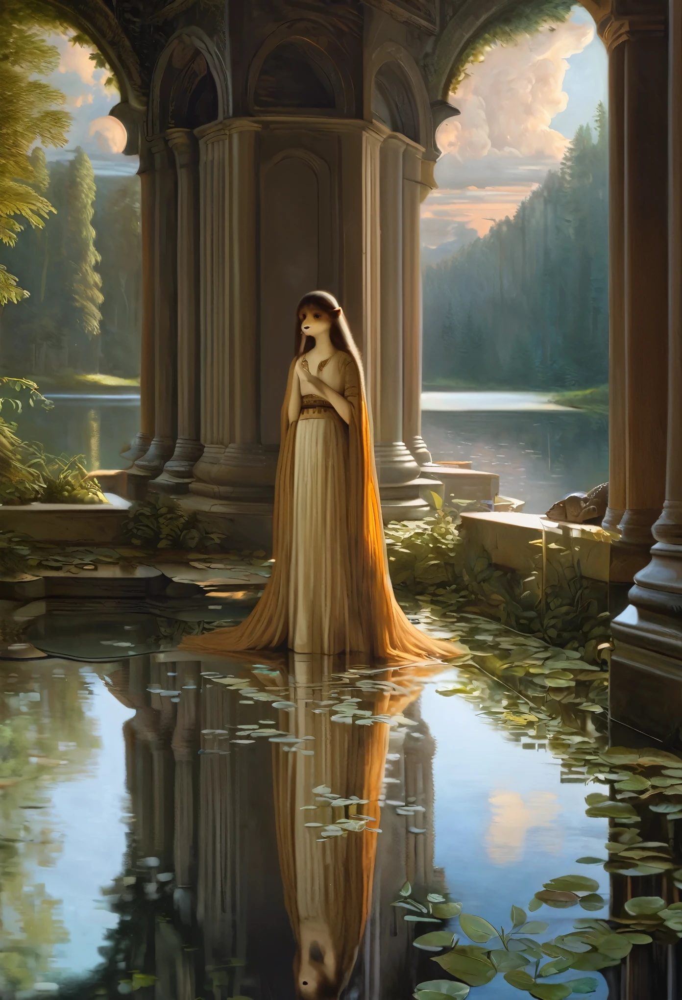 High-quality illustrations by John William Waterhouse, by Johannes Vermeer, wallpaper, summer, lake, dawn, forest, detailed forest, clouds, masterpiece, cinematic, soft light, depth of field, ray tracing, reflection in water, realism, ultra detailed, nymph, fairy, Mysterious and romantic atmosphere, luxurious embellishments, intricate details, (surrounded cistern, transparent aquarium, caustics surface)(reflecting, refraction, polarization:1.2)(highly detailed beautiful face and eyes)absurdres, perfect anatomy(handsome 1boy, kemono, solo focus)(furry)(furry anthro:1.7)(Furry body, dog facial features, dog body features)(very detailed body fur)fragility, reflections in mirrors and water surfaces, realistic visual effects, soft and delicate color palette, dramatic composition,