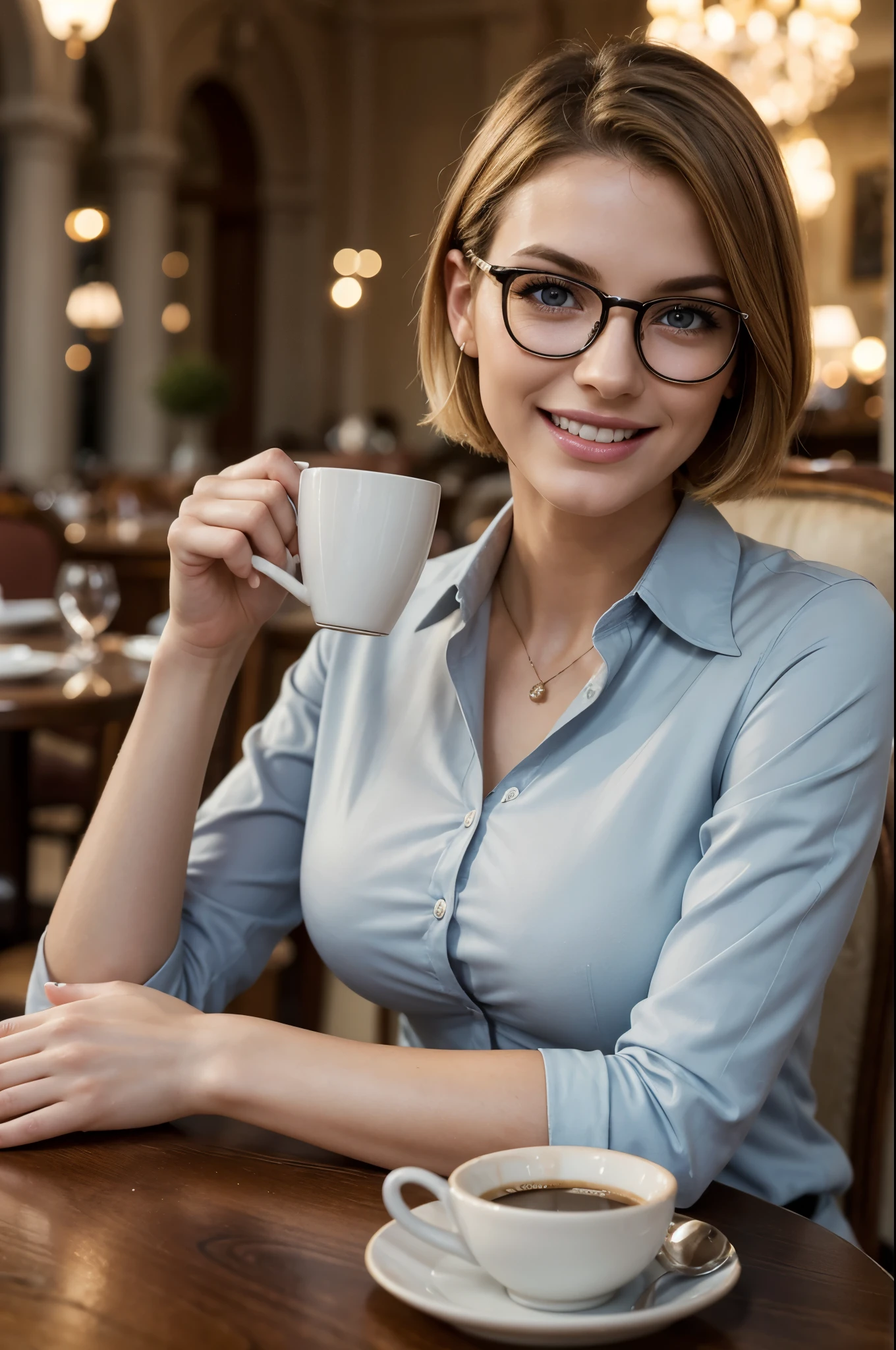 masterpiece, best quality, extremely detailed, hyperrealistic, photorealistic, a beautiful 20s french model, in luxurious cafe, sitting at table with a coffee cup:1.2, navy shirt:1.2, ultra detailed face, super short hair, blonde hair, pale skin, busty breasts, smiling, glasses, perfect hands, perfect fingers