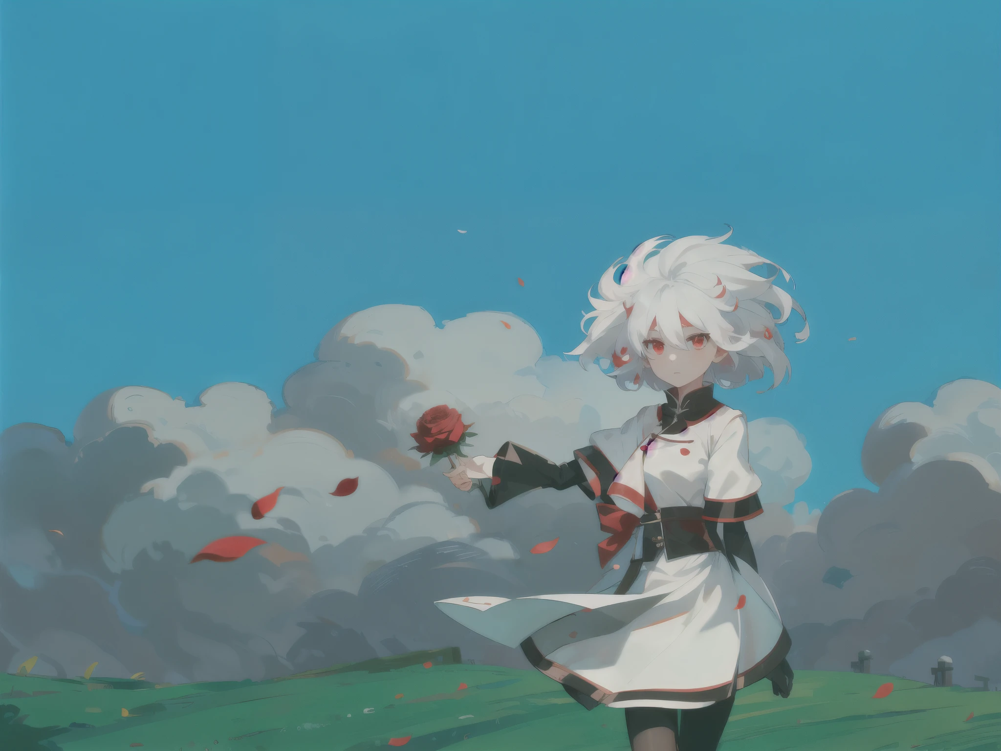 Short white hair blowing in the wind,glowing red eyes,手持Red rose,Petals spilled,Red rose,masterpiece,Clouds around