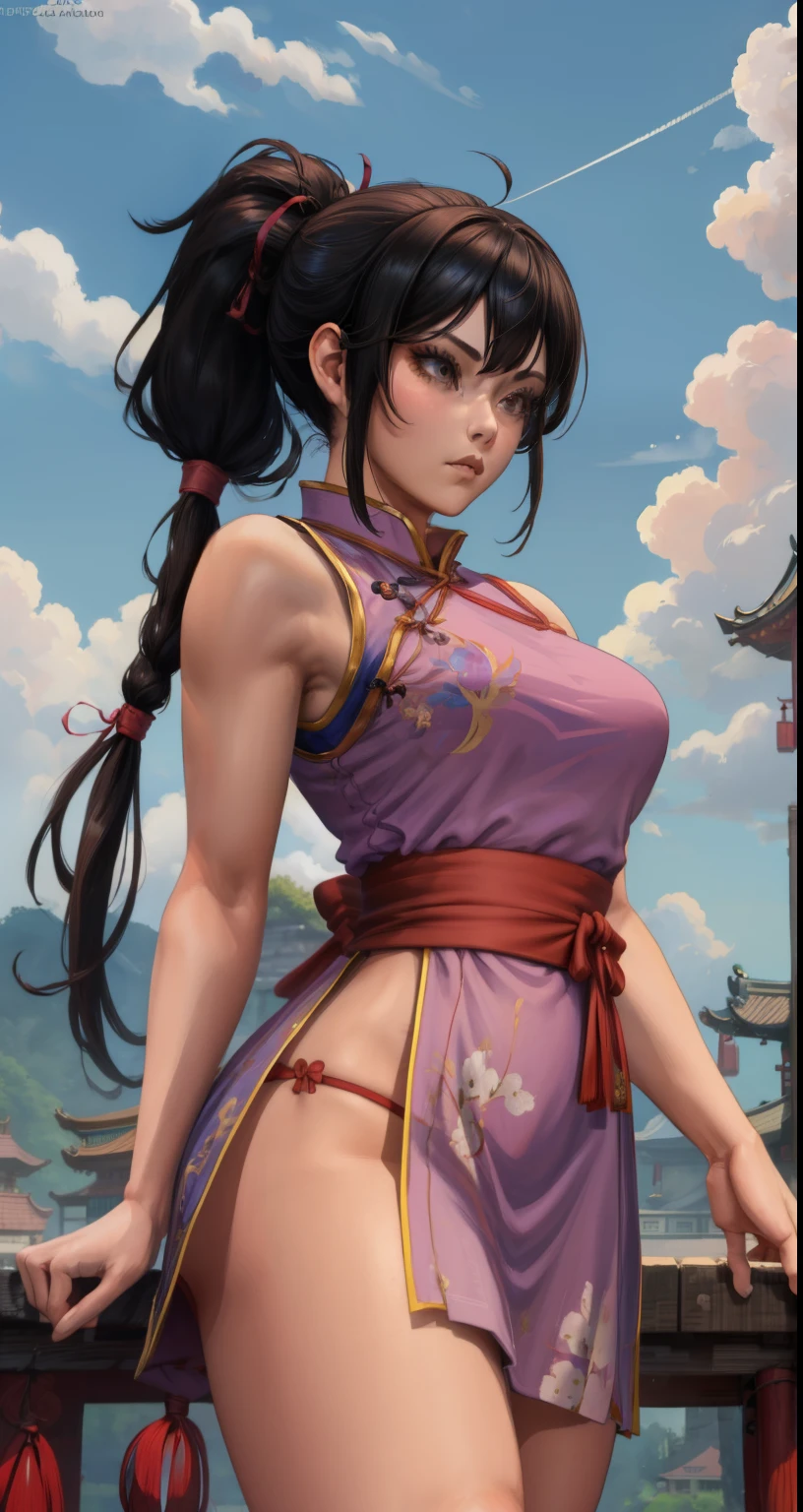 Pai-chan, ponytail , blue ribbon, brown eyes, long hair, black hair,
Standing in a kung fu pose, alone , Upper body,
hip, 
cowboy shot, 
Light pink Chinese dress, Pink obi, super mini skirt, sleeveless, white panties、
blue sky, cloudy, evening,
(very detailed, beautiful and detailed face, masterpiece, highest quality 