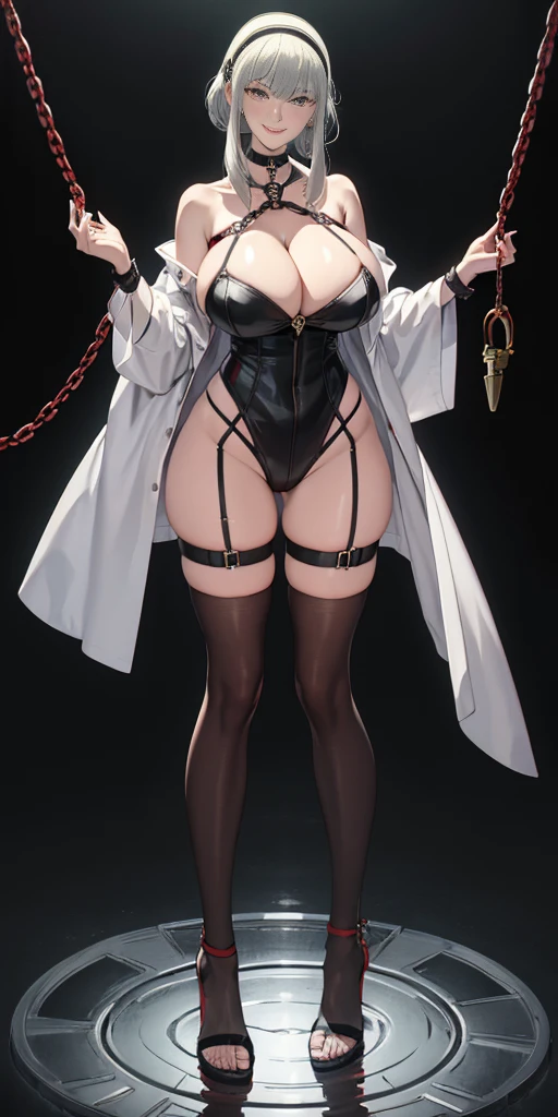 dark fantasy anime illustration of a (mature MILF BIMBO albino skin and short white hair), (FULL BODY) perfect face, wearing tight leather stealth armor, stalking, BIG KNOCKERS CLEAVAGE, lustful smirking smile red blush red cheeks, chain leash, kneeling, shackles, leather black collar slave, ((BLACK background)) hands on glass WITH KNOCKERS on glass, glass window fog water drop, 5 fingers each hand, metal handcuffs, black choker collar, thighhighs, long legs, metal ankle, metal sandals, metal shoulders, standing straight symmetrical against glass