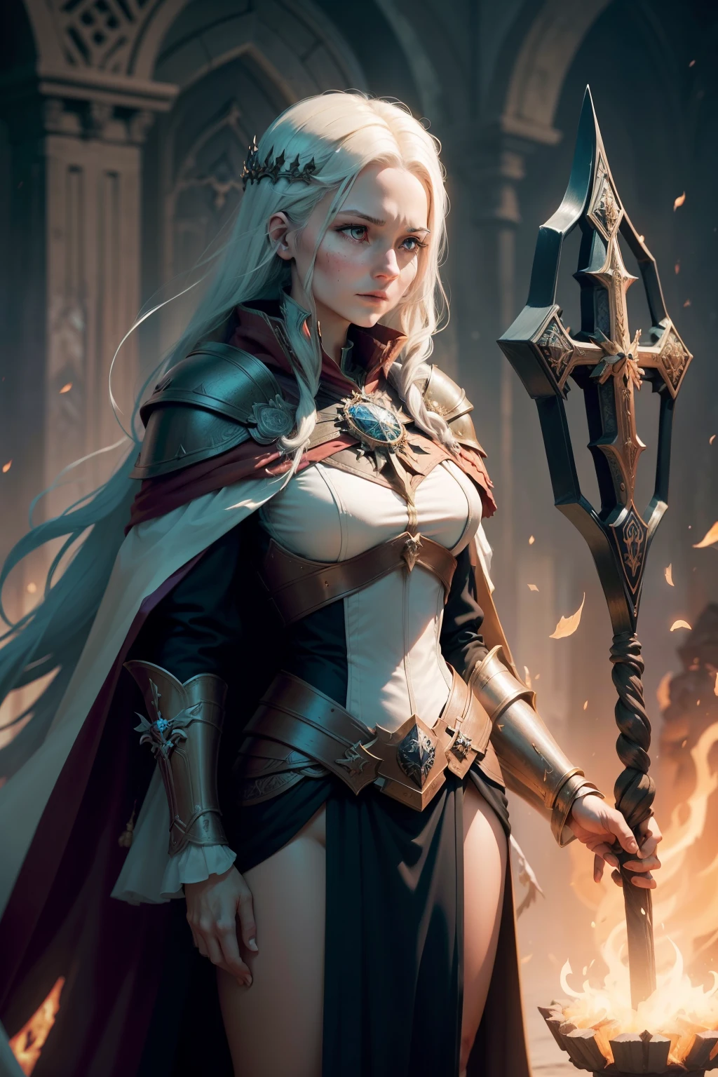 In all circumstances, take up the shield of unwavering faith, fortified with the power to quench the fiery arrows of malevolence hailed by the sinister demons. This shield, a cherished relic of devotion, is possessed by the sorceress woman, a guardian of tranquility and righteousness. As her long, luscious hair cascades around her, she stands firm against the assault of adversity. By her side, the skeleton king, an ageless sentinel, lends his unwavering strength. He clutches a mighty calendar, the hands of time frozen, as a reminder of the transient nature of existence.