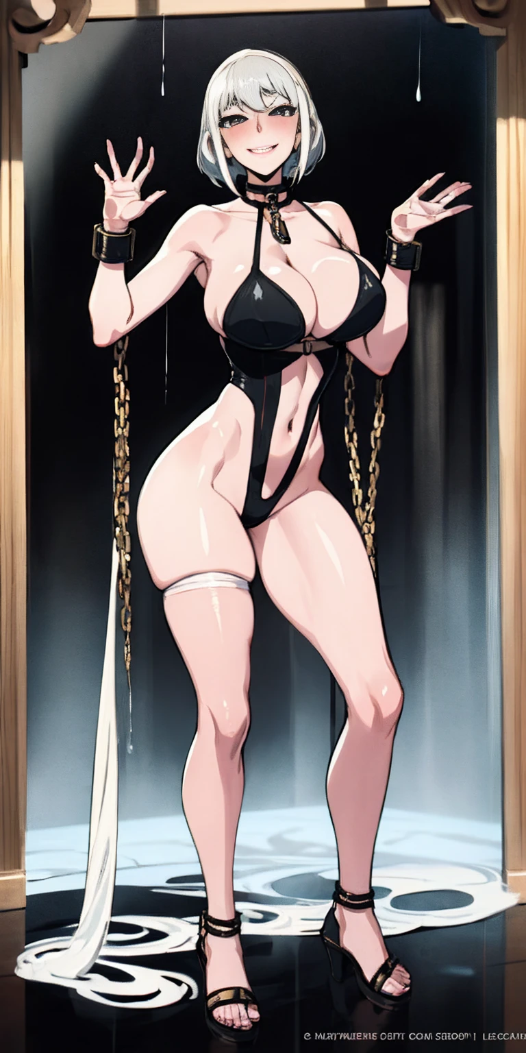 dark fantasy anime illustration of a (mature MILF BIMBO albino skin and short white hair), (FULL BODY) perfect face, wearing tight leather stealth armor, stalking, BIG KNOCKERS CLEAVAGE, lustful smirking smile red blush red cheeks, chain leash, kneeling, shackles, leather black collar slave, ((BLACK background)) hands on glass WITH KNOCKERS on glass, glass window fog water drop, 5 fingers each hand, metal handcuffs, black choker collar, thigh highs, long legs, metal ankle, metal sandals, metal shoulders, standing straight symmetrical against glass